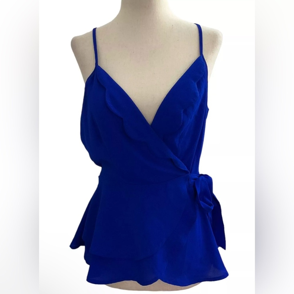 Monteau Royal Blue Faux Wrap Fit & Flare Deep V-Neck Sleeveless Blouse